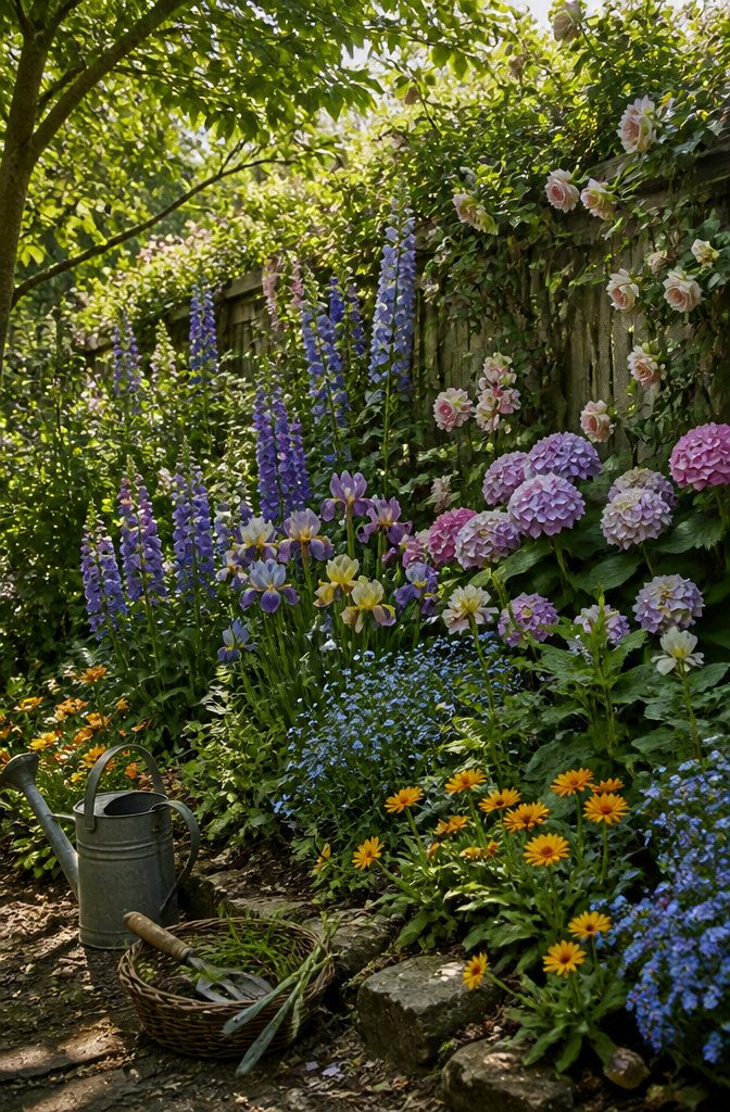 Cottage garden with hydrangeas, irises, delphiniums, and climbing roses.
