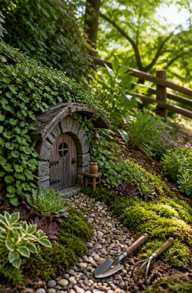 Fairy garden with a miniature door and low plants like baby's tears.