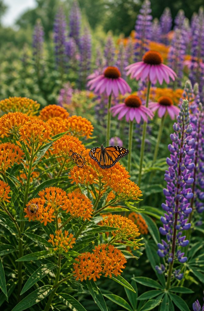 Pollinator garden with blooming native plants for attracting pollinators.
