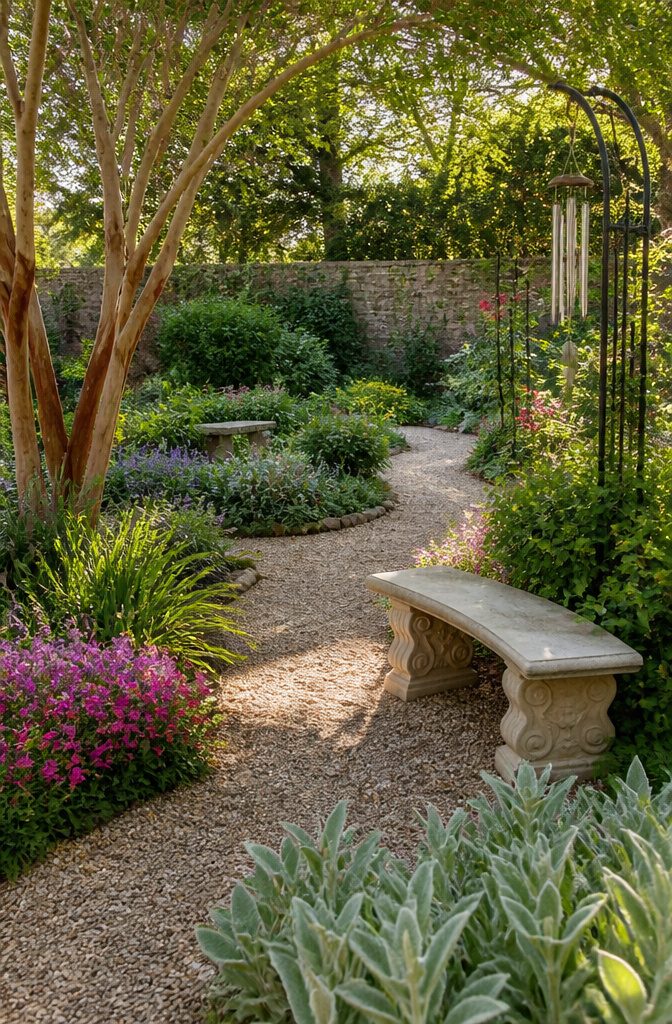 Sensory garden featuring honeysuckle and lamb's ear plants.