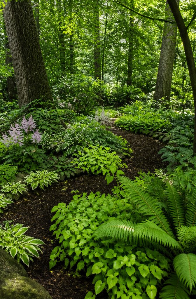Shade garden featuring epimedium and astilbe plants in dappled light.