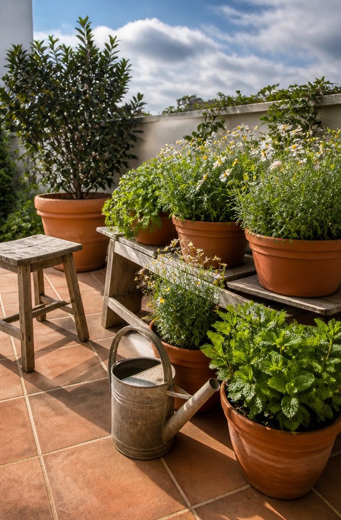 Tea garden with chamomile and peppermint plants in pots.