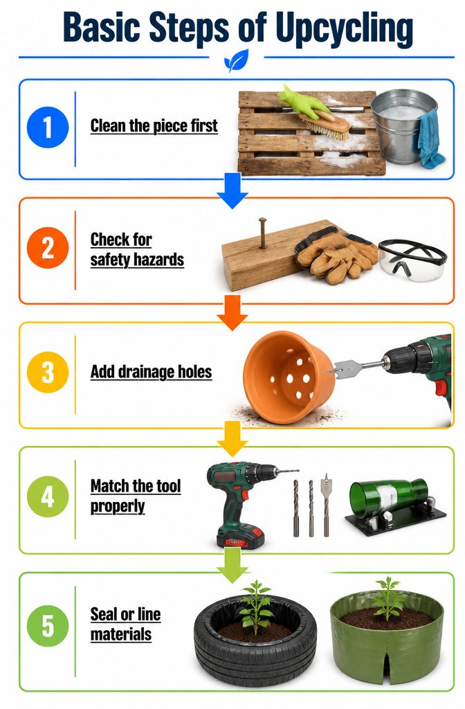 An infographic showing basic steps for upcycling in gardening.