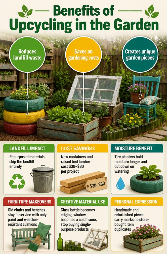 An infographic illustrating the benefits of upcycling in gardening.
