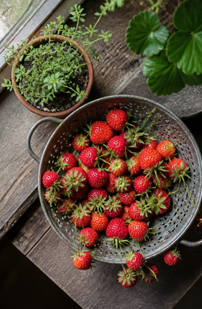 A colander filled with plants, hanging from a porch.