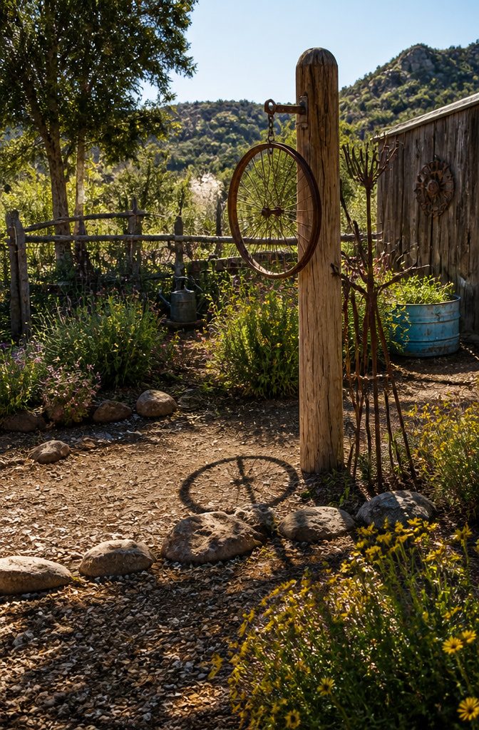 A bicycle wheel and garden tools arranged as garden art.