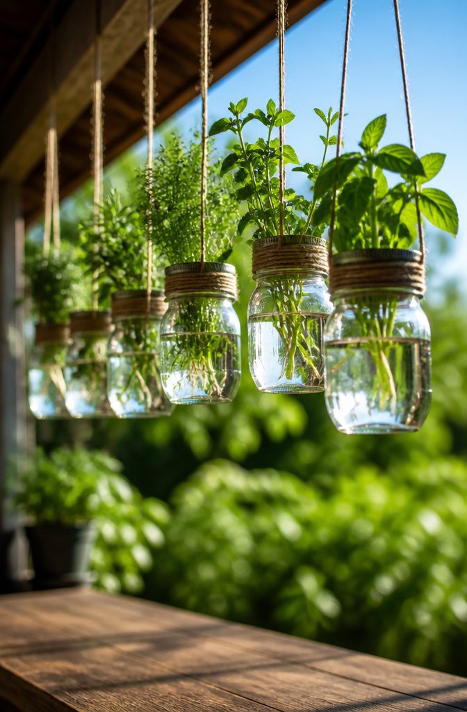 Mason jars suspended from a fence, used as hanging vases.