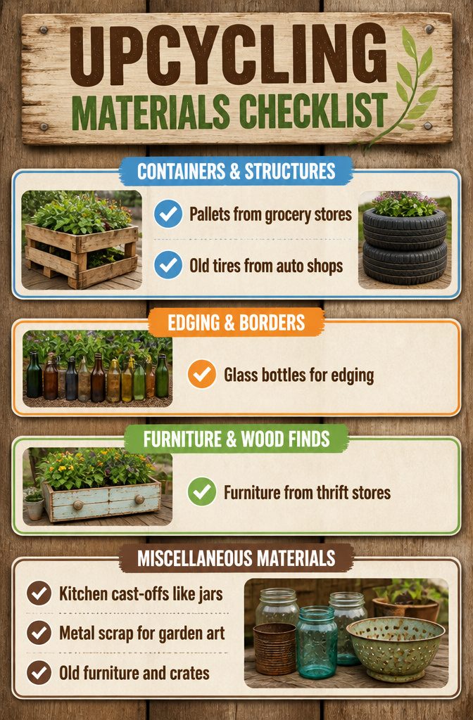 A checklist of materials used for upcycling in the garden.