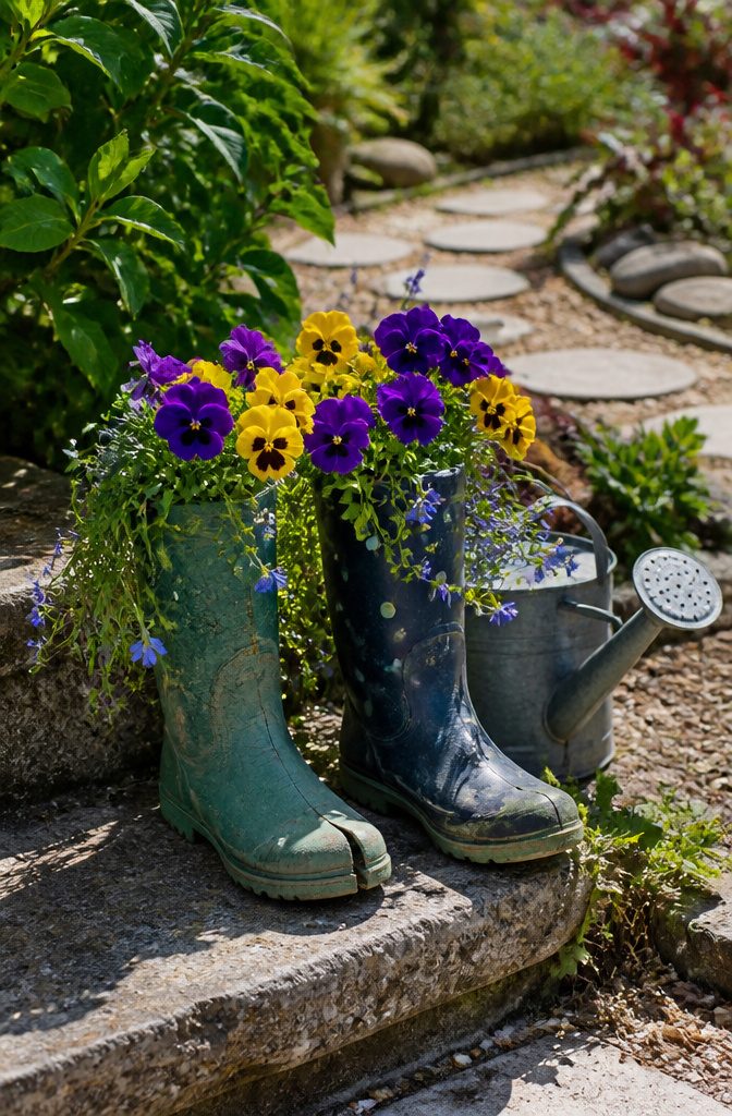 A pair of old rain boots filled with pansies and lobelia.