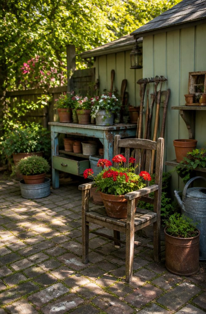 A wooden chair with a rotted seat holding a potted plant.