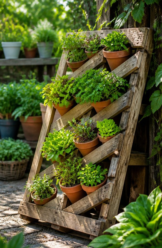 A vertical garden made from a pallet with potted plants.
