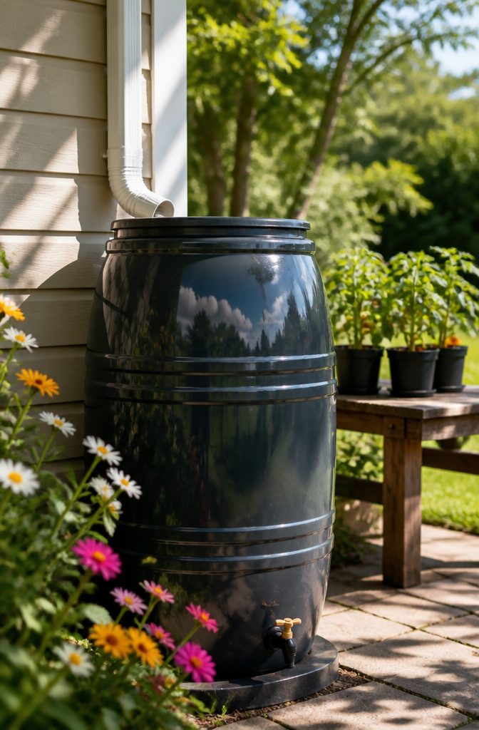Old barrels set up for rainwater collection in a garden.