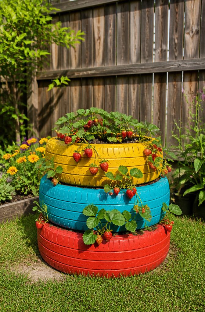 Three stacked tires painted in bright colors, filled with strawberry plants.