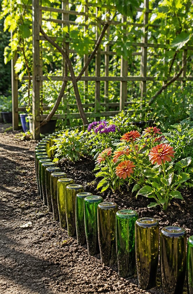 A garden bed bordered with wine bottles set neck-down.