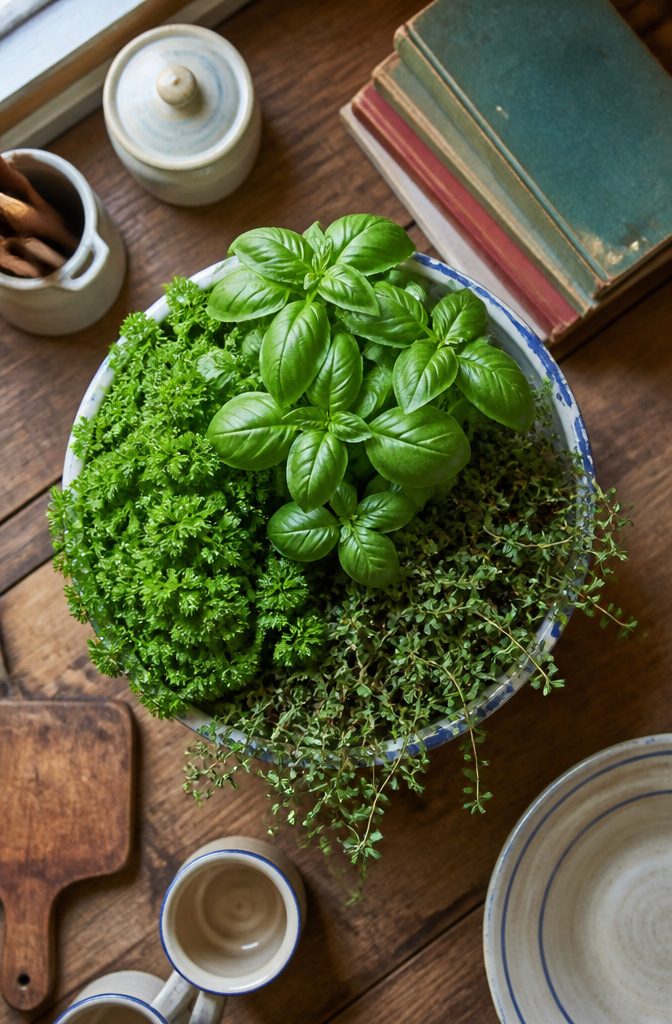 An enamel basin containing basil, parsley, and thyme plants.