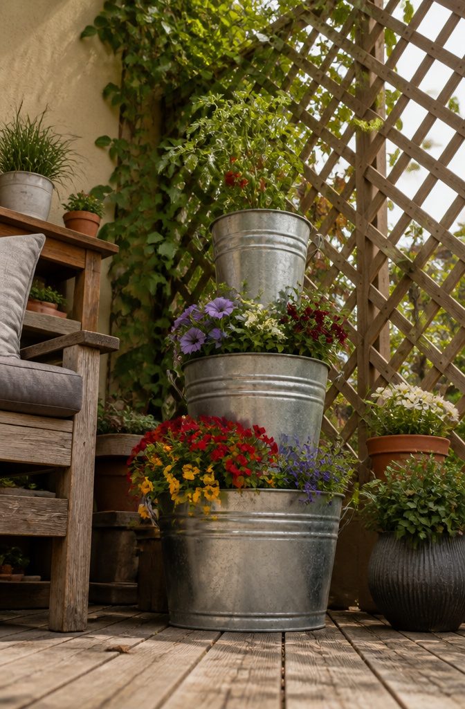 Three nested galvanized steel buckets arranged for planting on a patio.