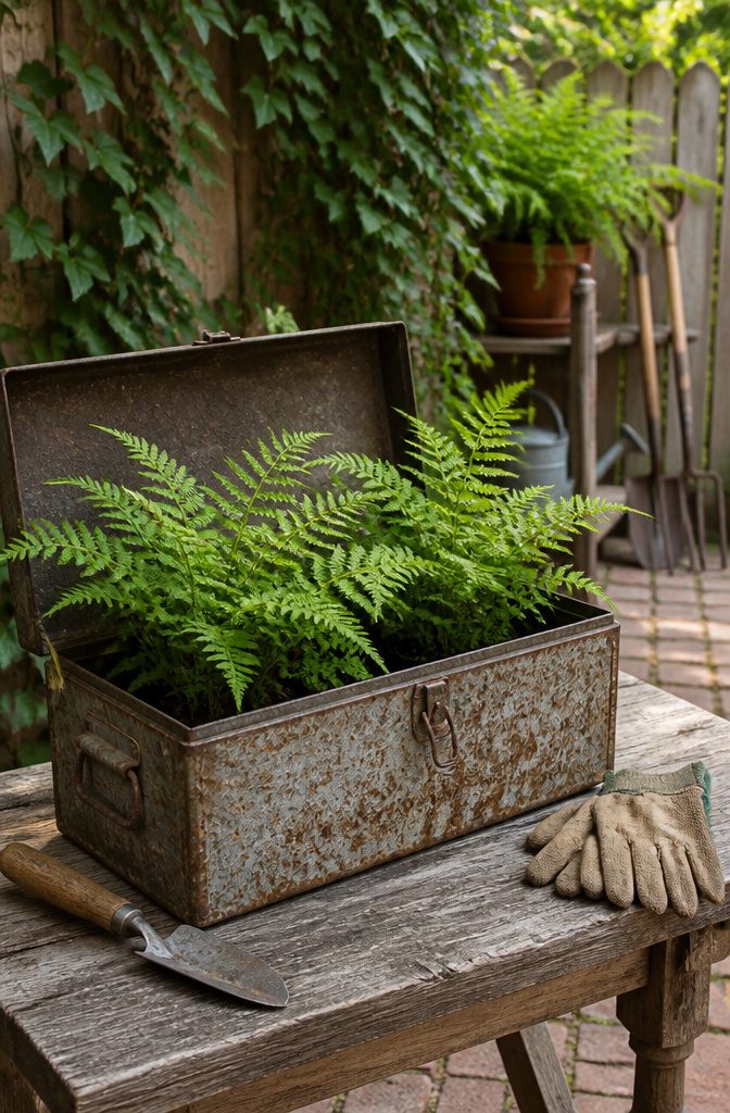 A rusty galvanized toolbox filled with green ferns in a garden setting.
