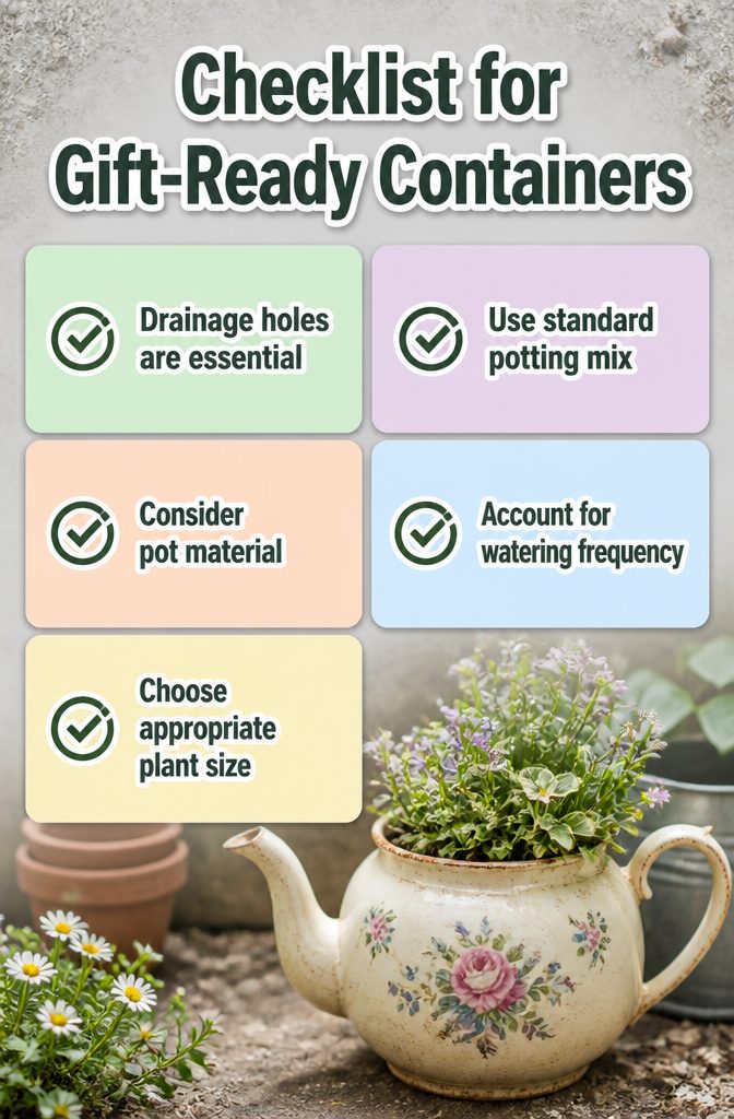 An informational checklist for preparing gift-ready container gardens.