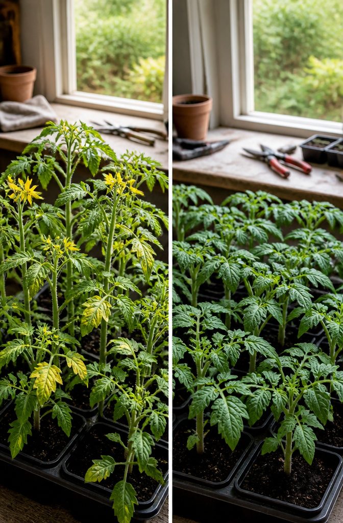 Tomato plants with yellow flowers in a garden setting.