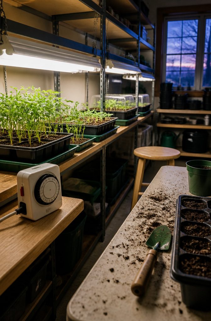 Seed trays under T5 fluorescent lights in a planting area.