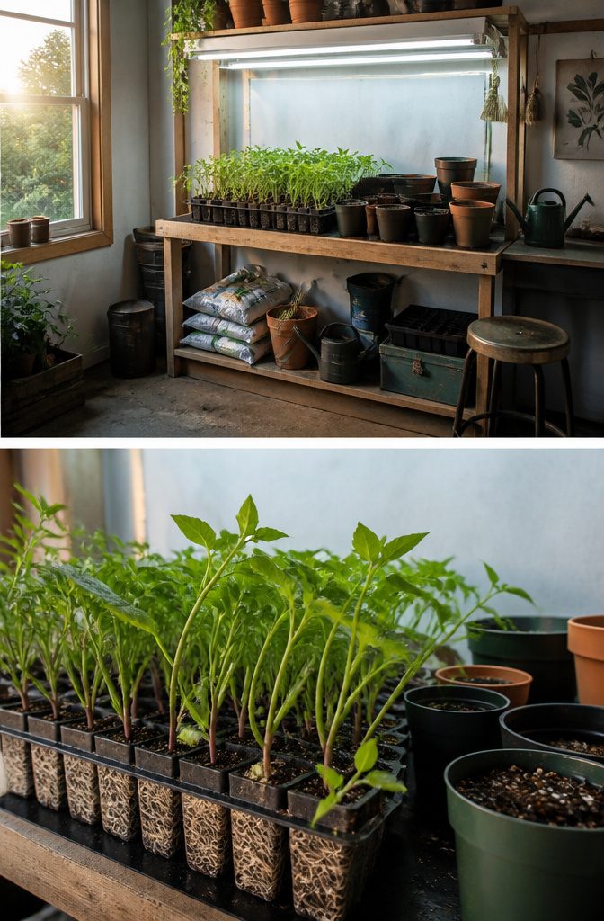 Overgrown tomato seedlings in a 72-cell tray.