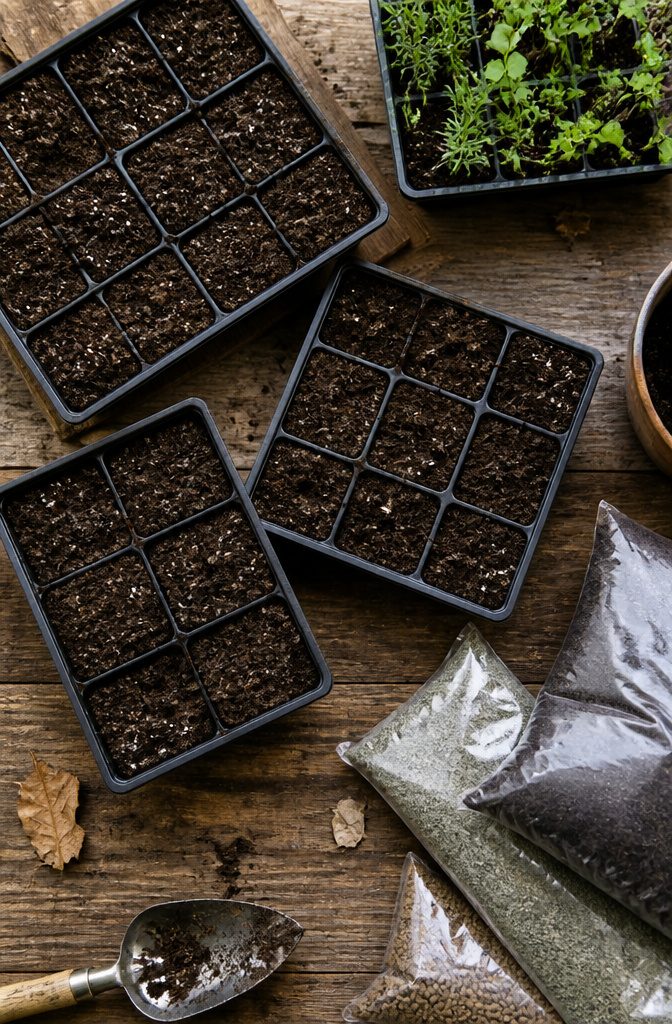 A bag of seed-starting mix with a seed tray.
