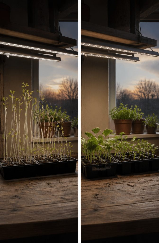 Stretching seedlings in a tray, showing weak growth.