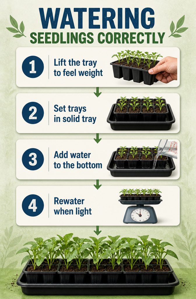 Seed trays being watered from the bottom in a planting area.