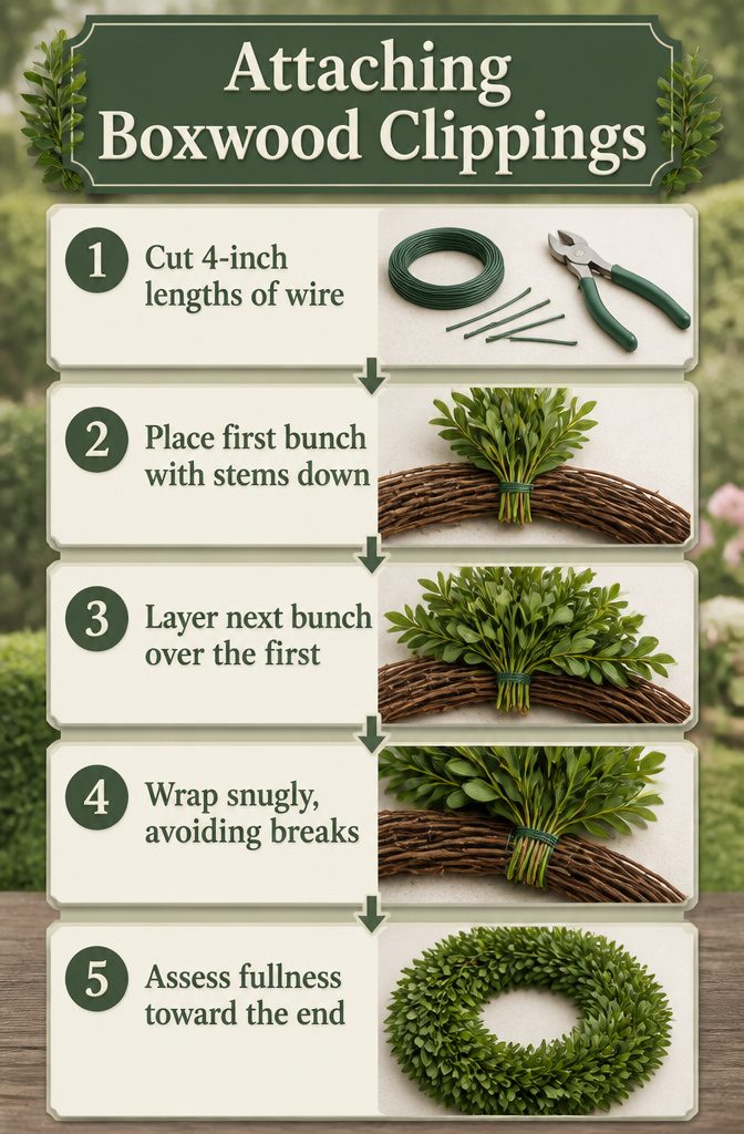 Floral wire and boxwood clippings being secured to a wreath form.