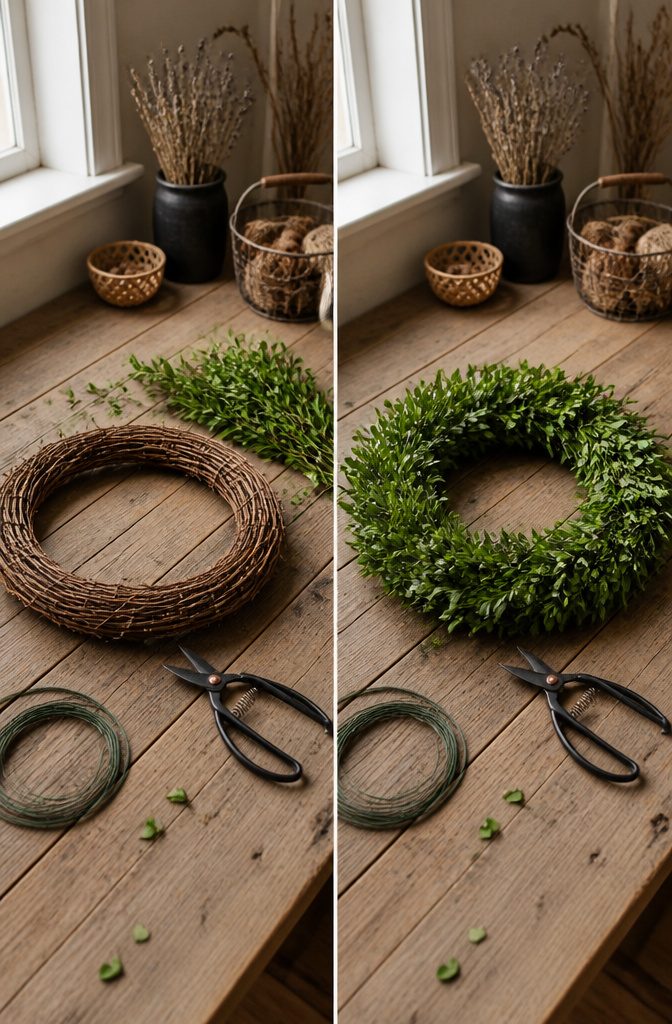 Grapevine wreath form resting on a wooden surface.