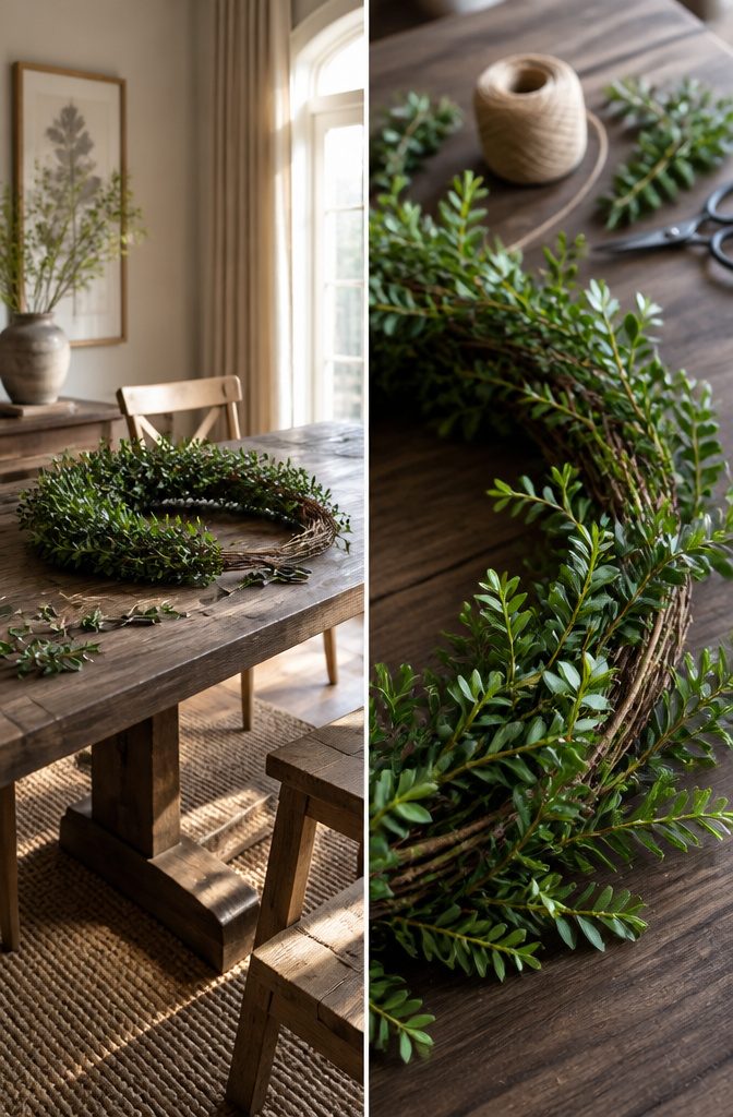 A partially completed boxwood wreath with visible gaps.