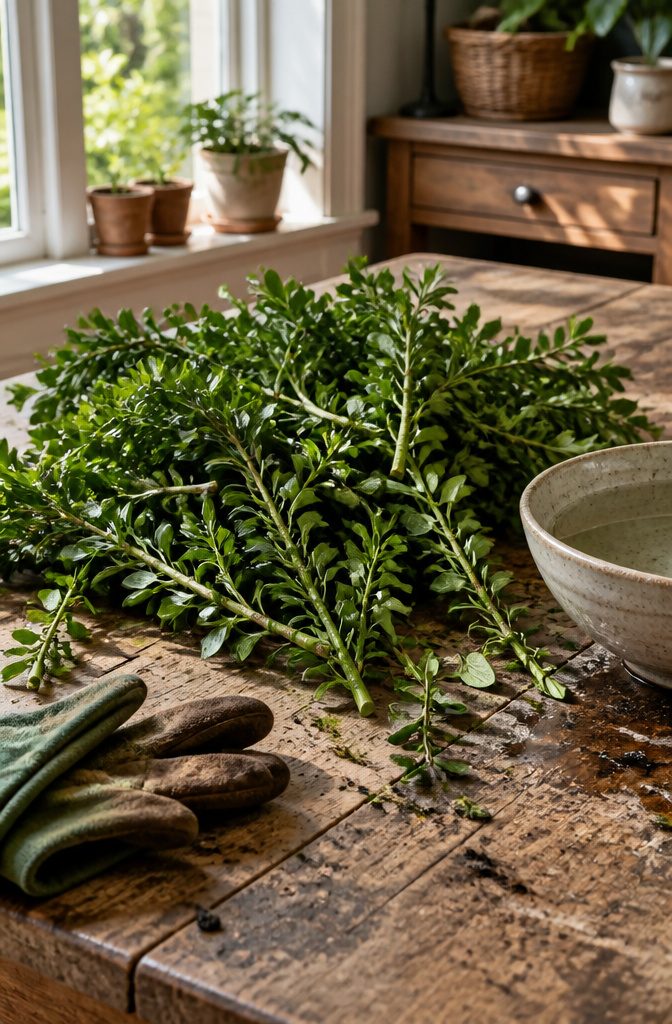 Boxwood clippings with bright green leaves on a wooden table.