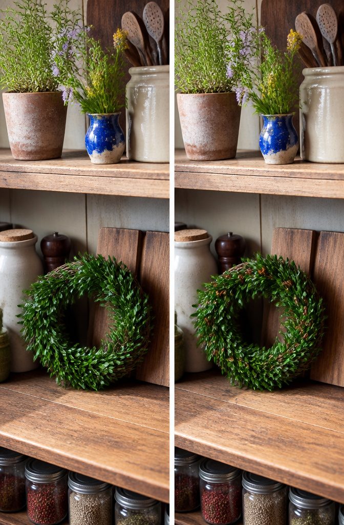 A mini boxwood wreath with added decorative elements.