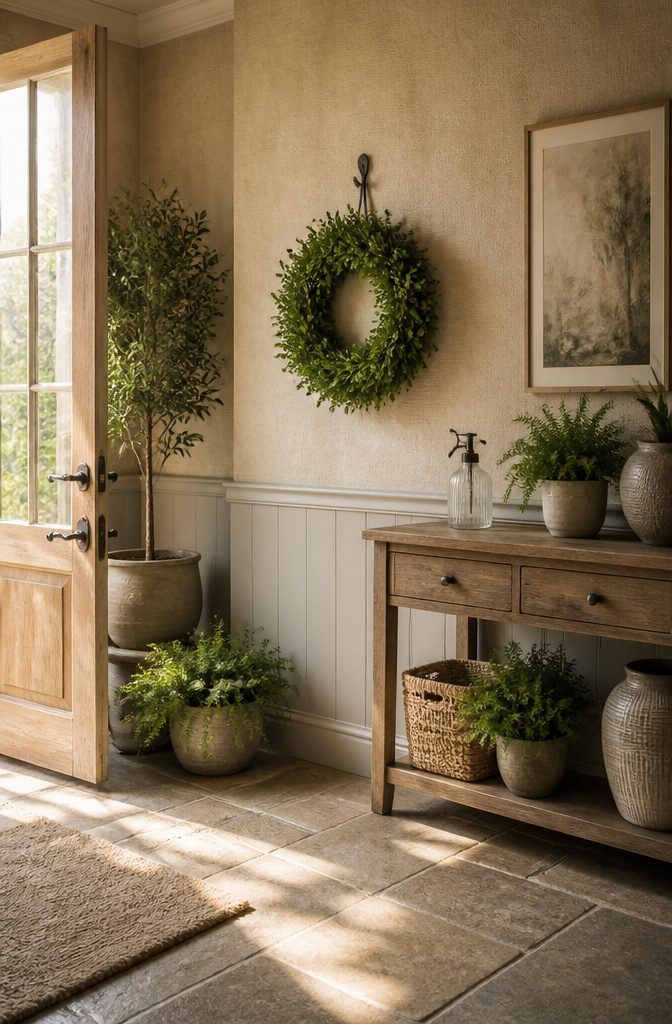 A boxwood wreath being misted with water to maintain freshness.