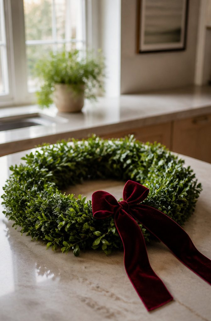 Pruning shears and a boxwood wreath ready for finishing touches.