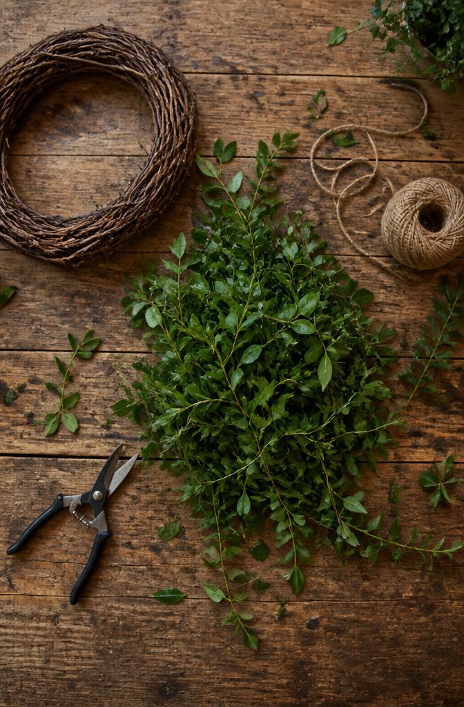 Materials needed for making a boxwood wreath laid out on a table.