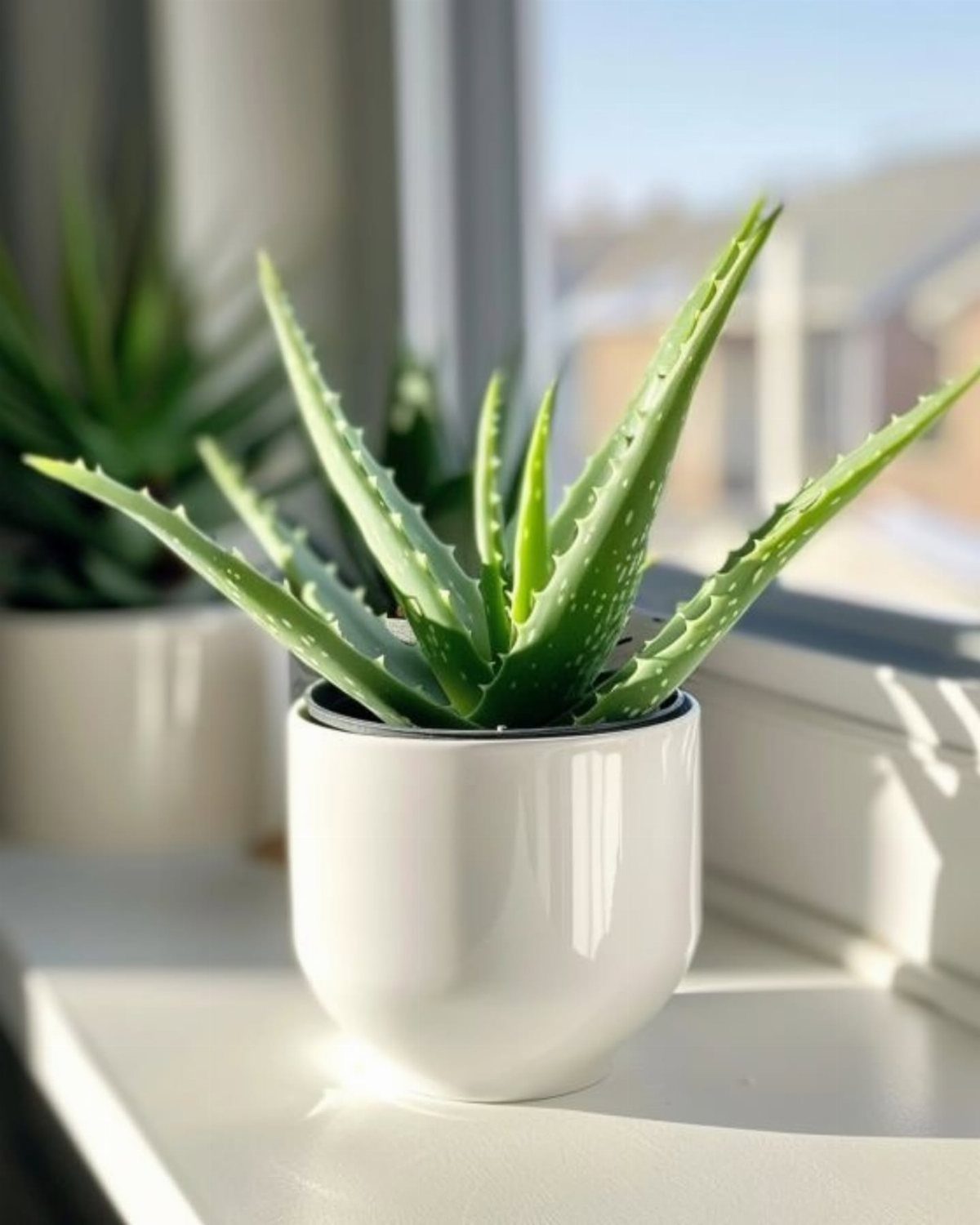 Aloe Vera plant in a white ceramic pot on a sunny windowsill