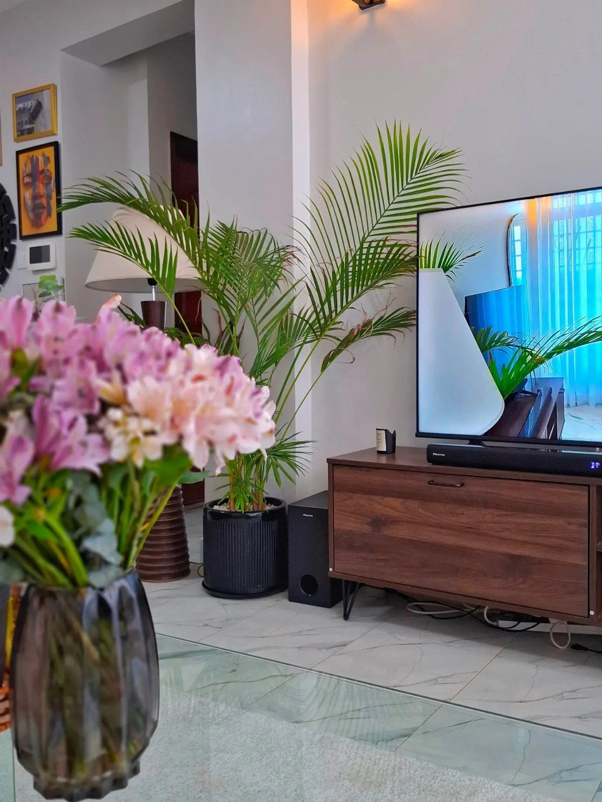 Large green palm plant in a black pot beside a wooden TV stand.