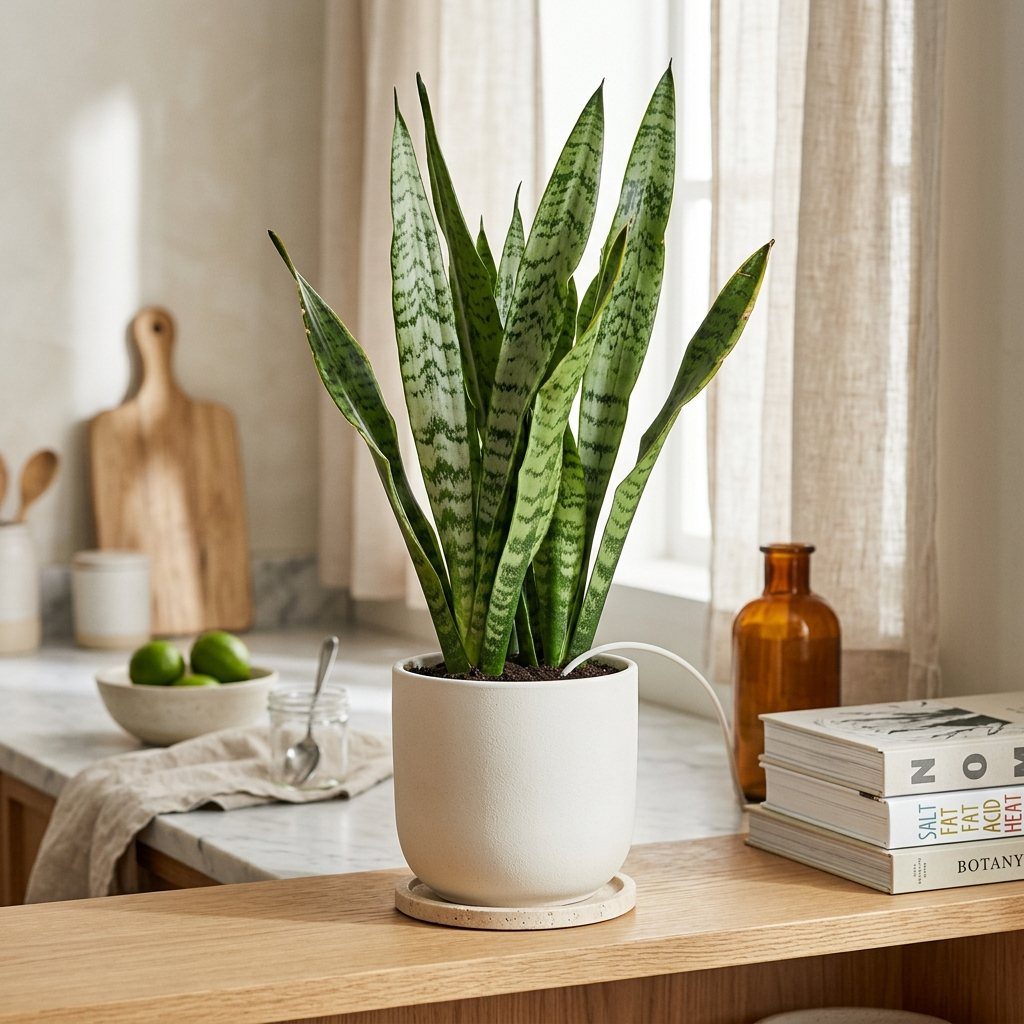 Snake plant with variegated leaves in a white pot on a wooden table.