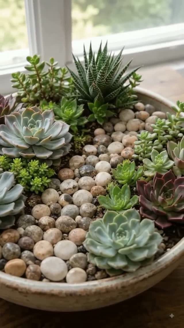 Assorted succulents and river stones arranged in a shallow ceramic bowl on a windowsill.