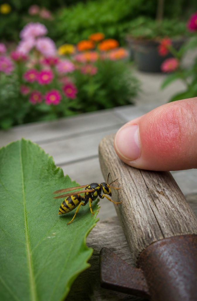 Are Paper Wasps Worth the Sting? 2026 Garden Guide 2 A paper wasp on a leaf with a swollen finger nearby.