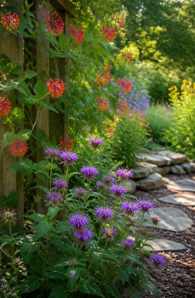 Native plants including red coral honeysuckle and purple bee balm.