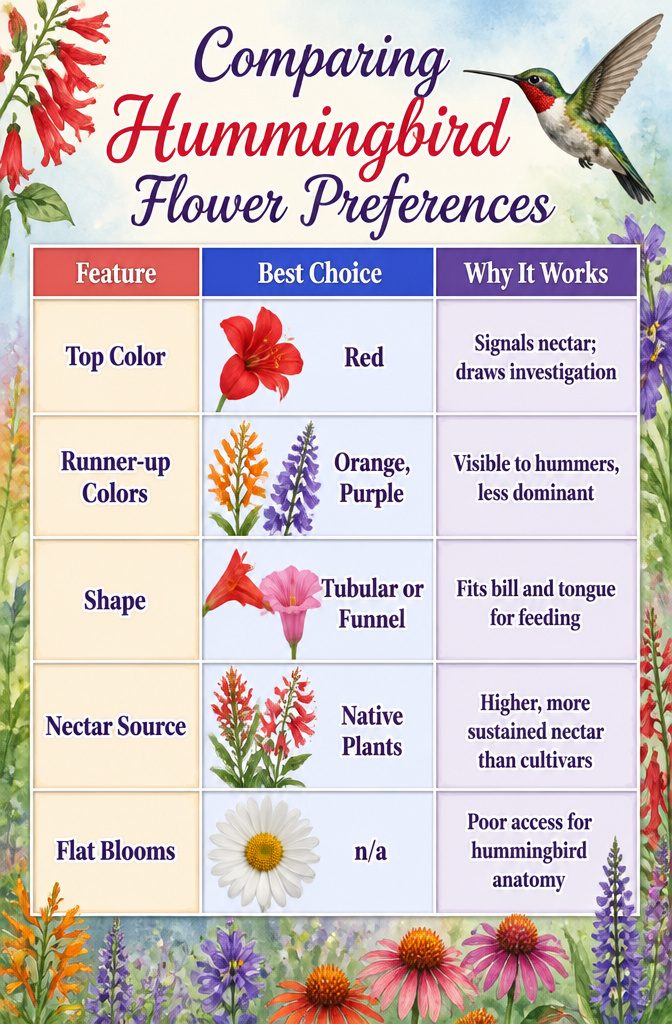 Infographic comparing hummingbird flower preferences by color and shape.
