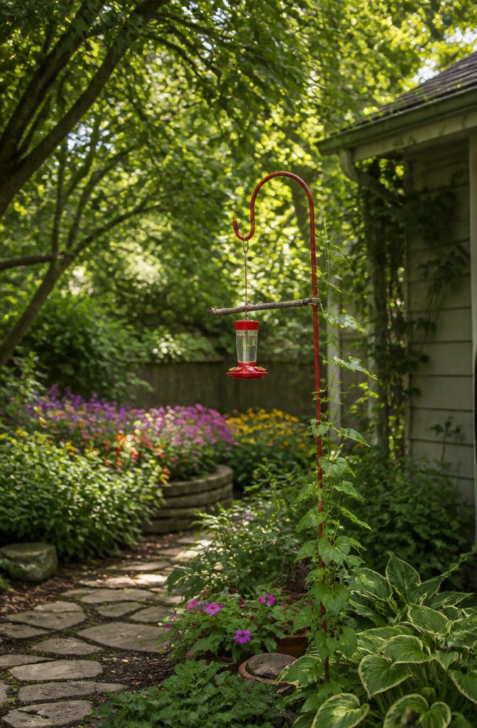 Thin branches used as perches for hummingbirds in a garden.