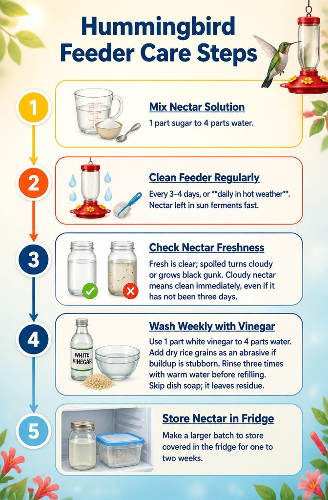 Instructions for cleaning and maintaining hummingbird feeders.