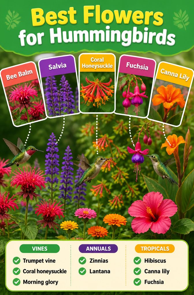 Information image showing plants that attract hummingbirds.