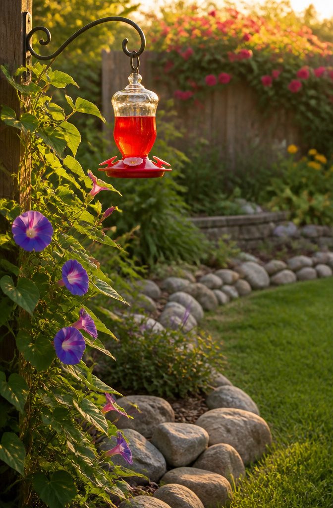 Glass hummingbird feeder with red nectar and surrounding garden elements.