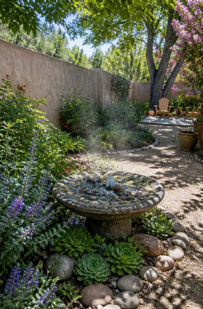 Birdbath with moving water and pebbles for hummingbirds.