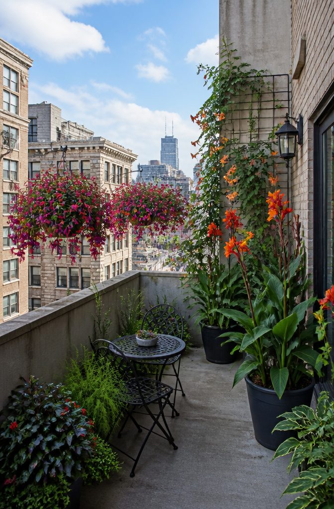 Container plants including fuchsia and salvia on a balcony.