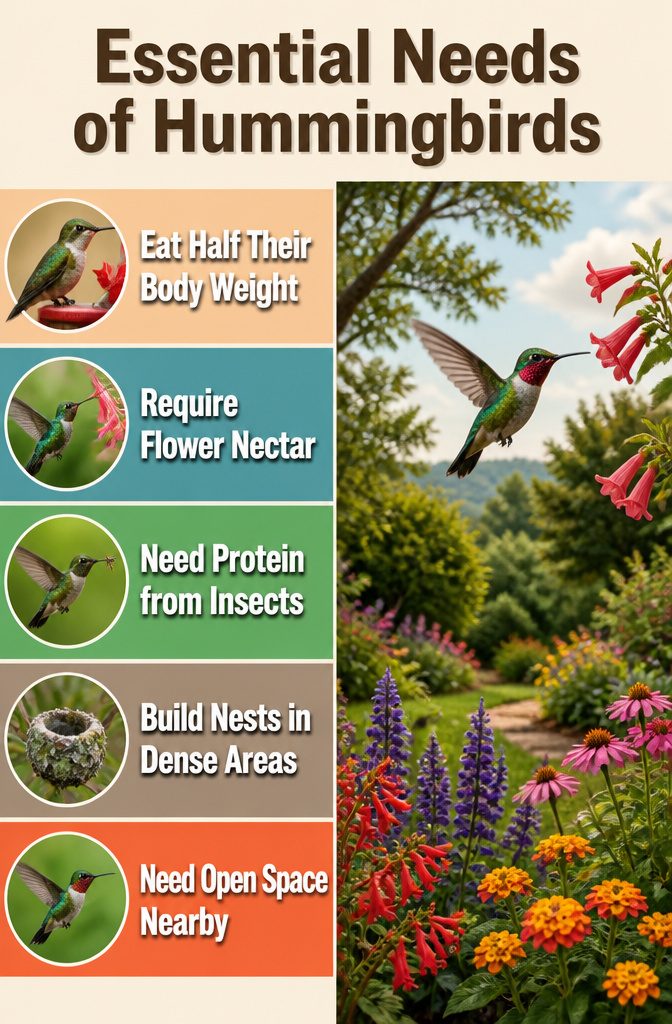 Information on what hummingbirds require for survival.